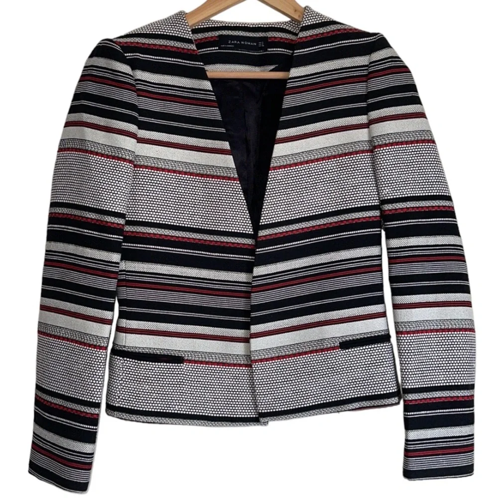 ZARA | Black white red collarless structured jacket - Picture 1 of 9